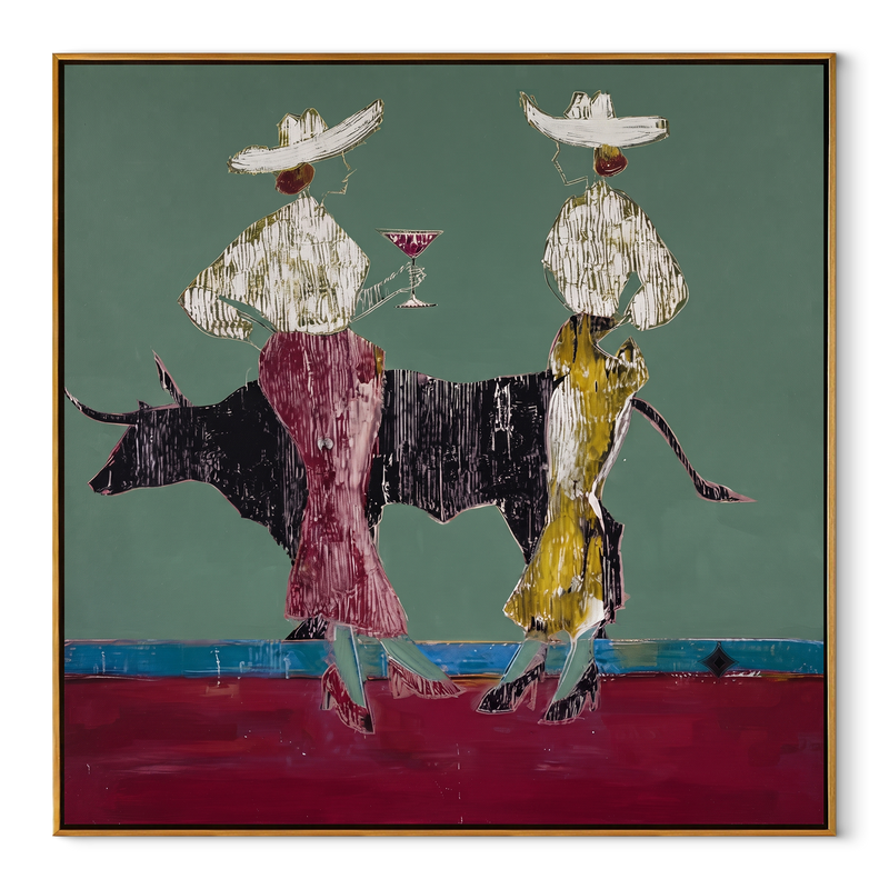 Bull Waits Between Toasts - Bull Cocktail Cowgirl Painting | Contemporary Western Square Wall Art
