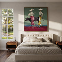 Bull Waits Between Toasts - bull cocktail cowgirl painting by Ethan Mercer, contemporary Western square wall art – styled room scene view 2