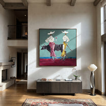 Bull Waits Between Toasts - bull cocktail cowgirl painting by Ethan Mercer, contemporary Western square wall art – styled room scene view 4
