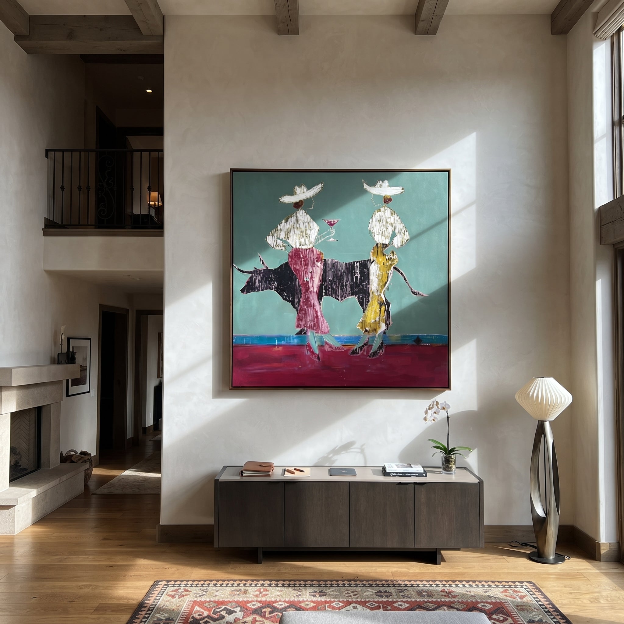 Bull Waits Between Toasts - bull cocktail cowgirl painting by Ethan Mercer, contemporary Western square wall art – styled room scene view 4