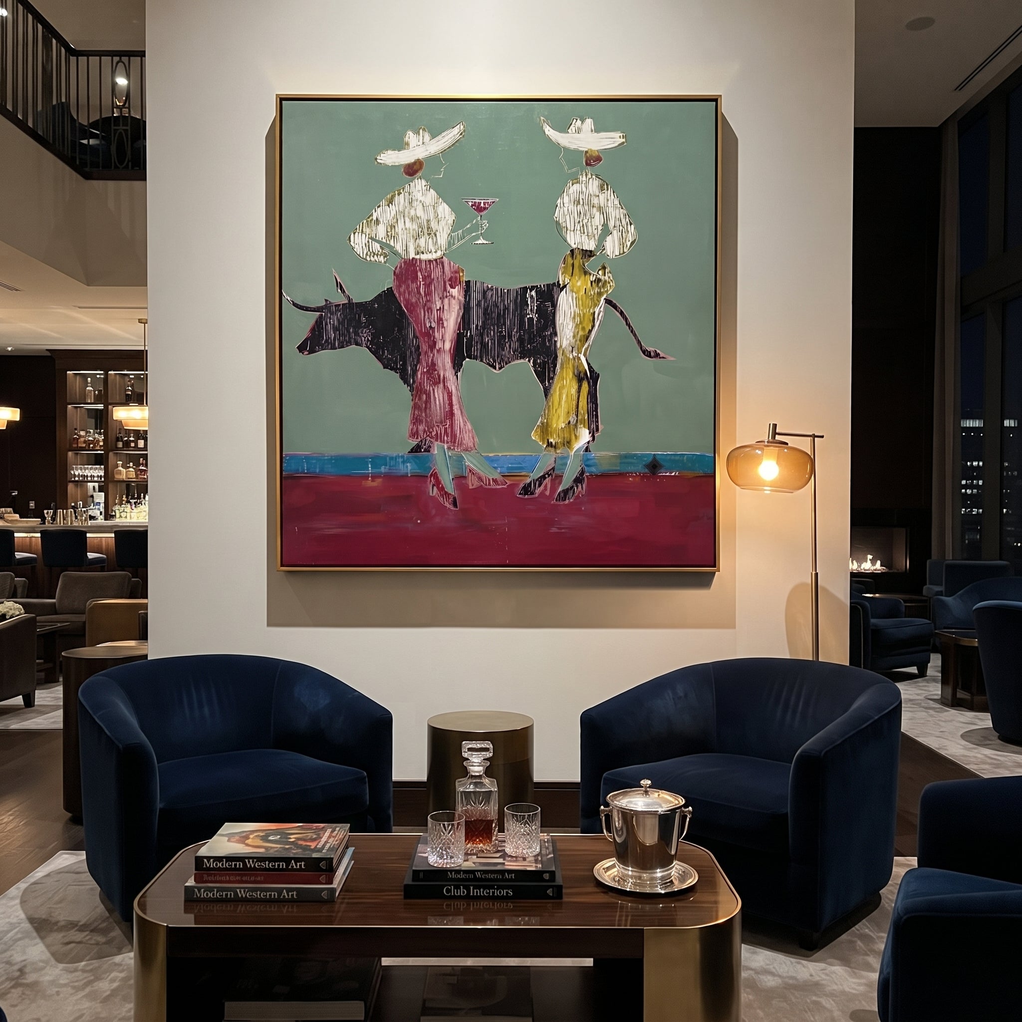 Bull Waits Between Toasts - bull cocktail cowgirl painting by Ethan Mercer, contemporary Western square wall art – styled room scene view 5