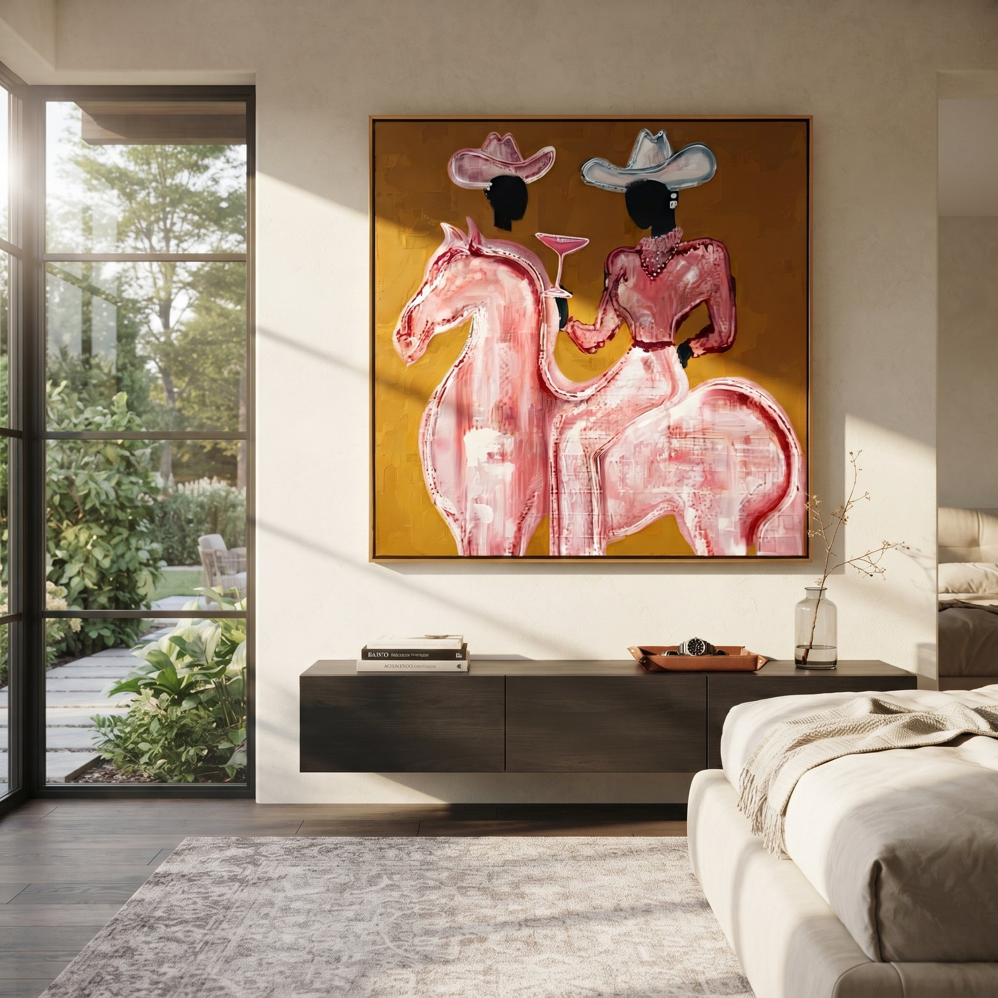 Pink Rider Raises Glass - pink horse cowgirl painting by Ethan Mercer, contemporary Western square wall art – styled room scene view 1