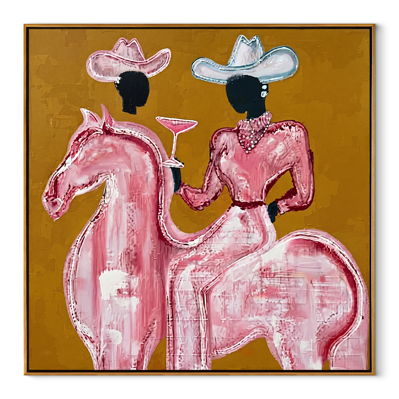 Pink Rider Raises Glass - pink horse cowgirl painting by Ethan Mercer, contemporary Western square wall art – wood frame on white background