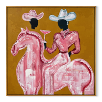 Pink Rider Raises Glass - pink horse cowgirl painting by Ethan Mercer, contemporary Western square wall art – wood frame on white background