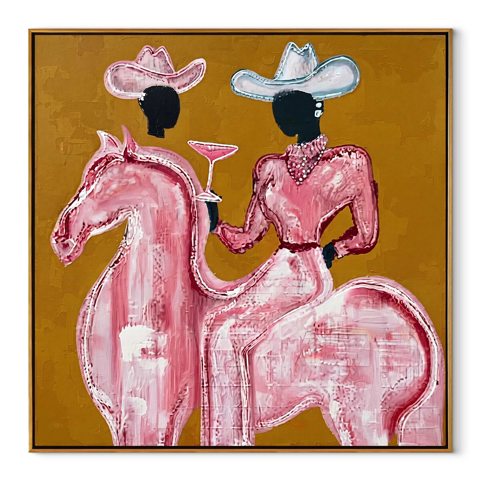 Pink Rider Raises Glass - pink horse cowgirl painting by Ethan Mercer, contemporary Western square wall art – wood frame on white background