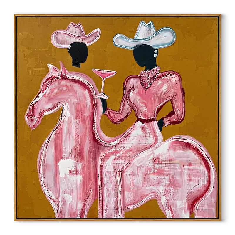 Pink Rider Raises Glass - Pink Horse Cowgirl Painting | Contemporary Western Square Wall Art