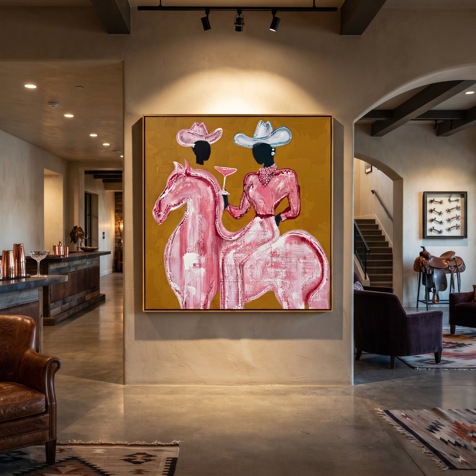 Pink Rider Raises Glass - pink horse cowgirl painting by Ethan Mercer, contemporary Western square wall art – styled room scene view 4