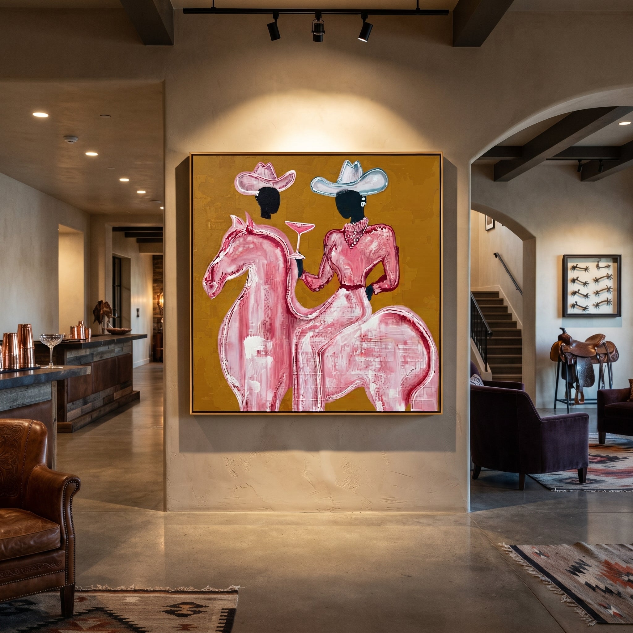 Pink Rider Raises Glass - pink horse cowgirl painting by Ethan Mercer, contemporary Western square wall art – styled room scene view 4