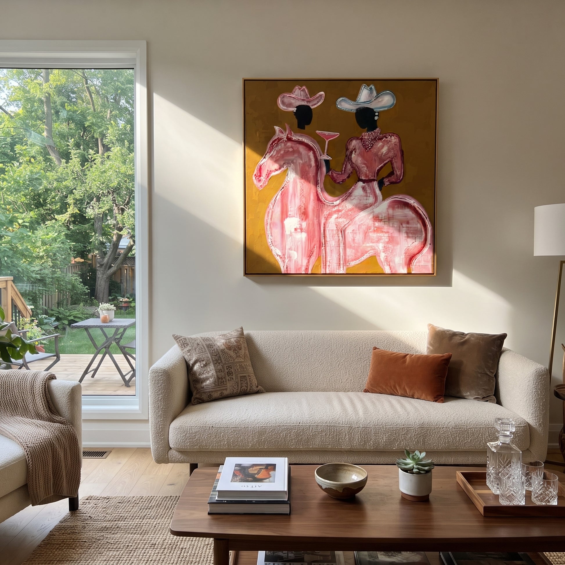 Pink Rider Raises Glass - pink horse cowgirl painting by Ethan Mercer, contemporary Western square wall art – styled room scene view 5