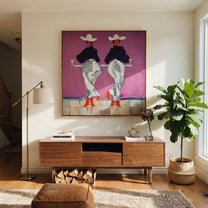Cowgirls Toast Without Turning - back view cowgirl painting by Ethan Mercer, contemporary Western square wall art – styled room scene view 1
