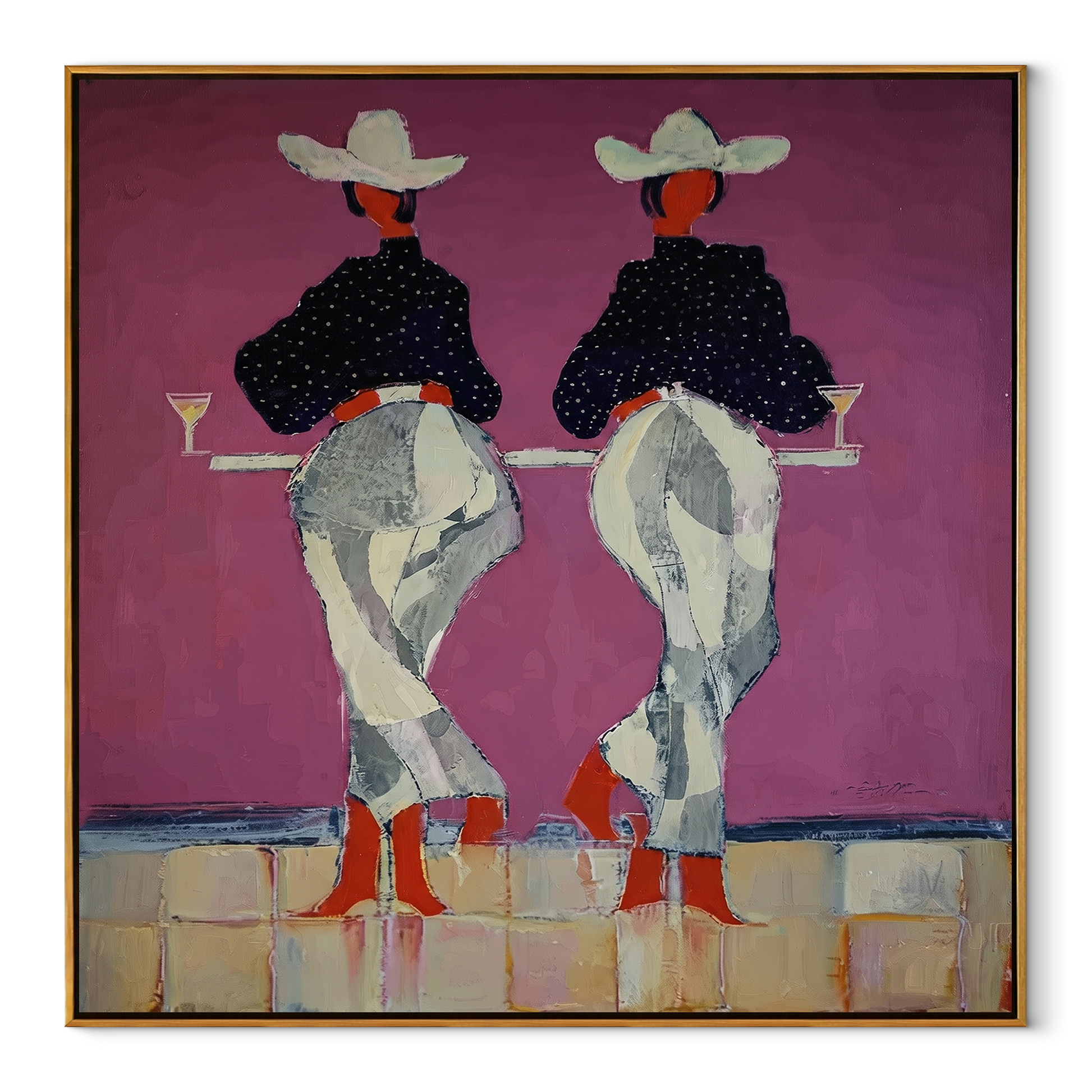 Cowgirls Toast Without Turning - back view cowgirl painting by Ethan Mercer, contemporary Western square wall art – wood frame on white background