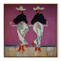 Cowgirls Toast Without Turning - back view cowgirl painting by Ethan Mercer, contemporary Western square wall art – wood frame on white background