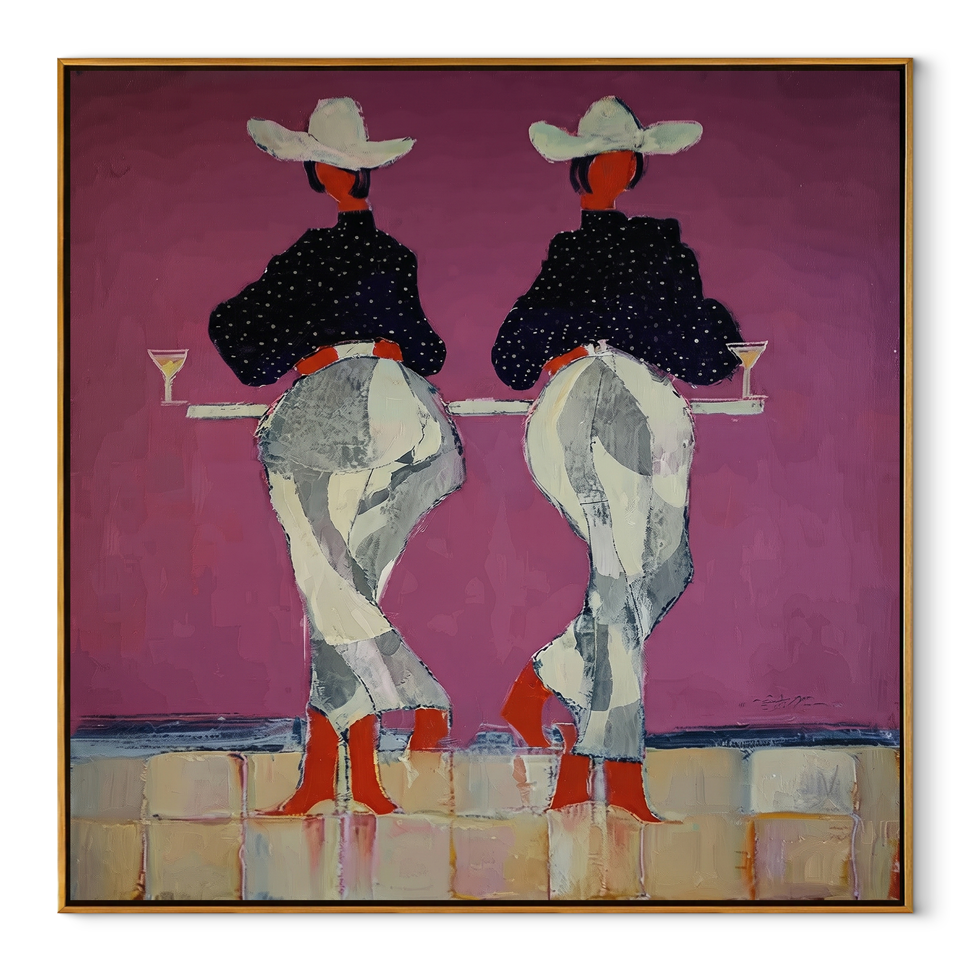 Cowgirls Toast Without Turning - back view cowgirl painting by Ethan Mercer, contemporary Western square wall art – wood frame on white background