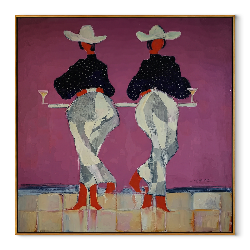 Cowgirls Toast Without Turning - Back View Cowgirl Painting | Contemporary Western Square Wall Art