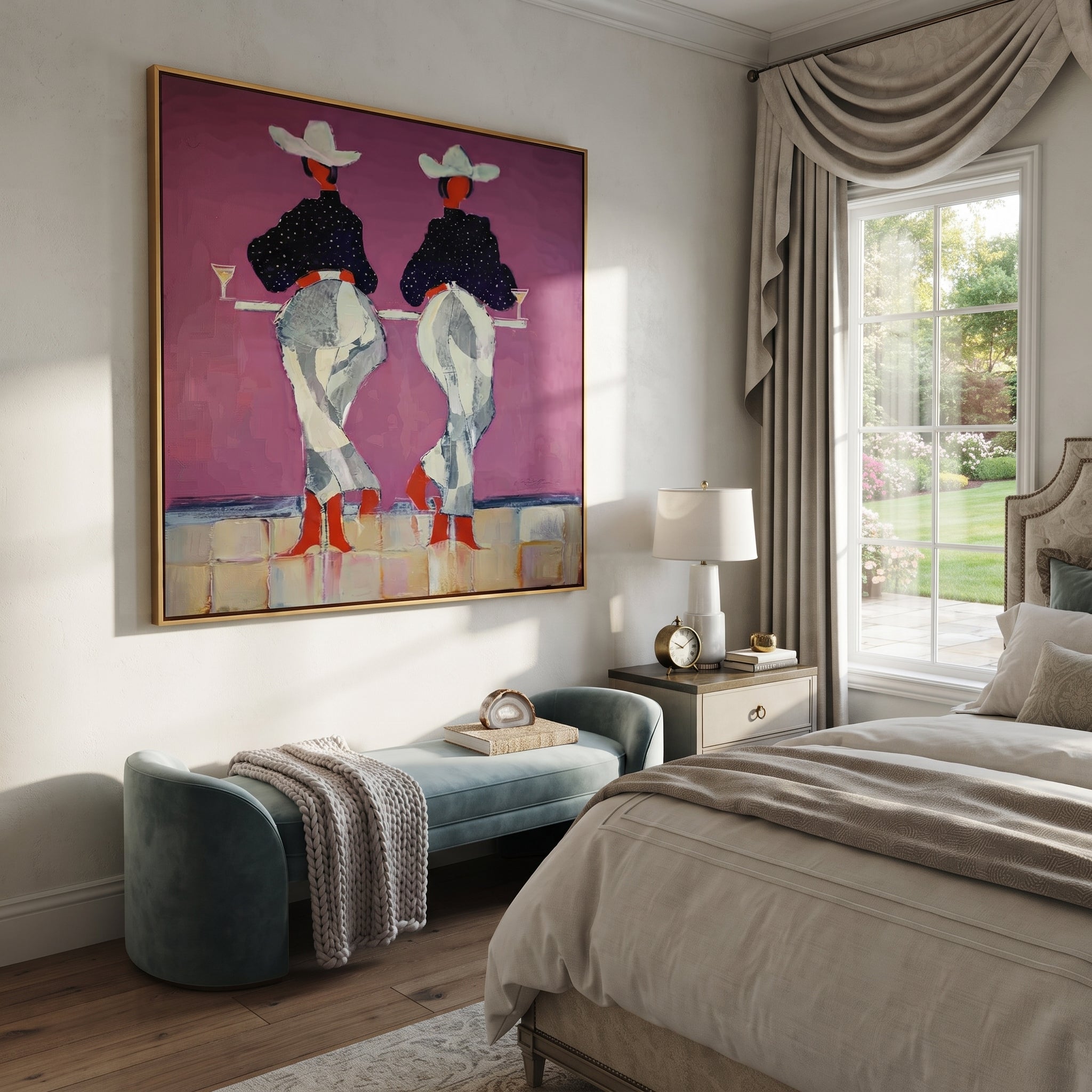 Cowgirls Toast Without Turning - back view cowgirl painting by Ethan Mercer, contemporary Western square wall art – styled room scene view 2