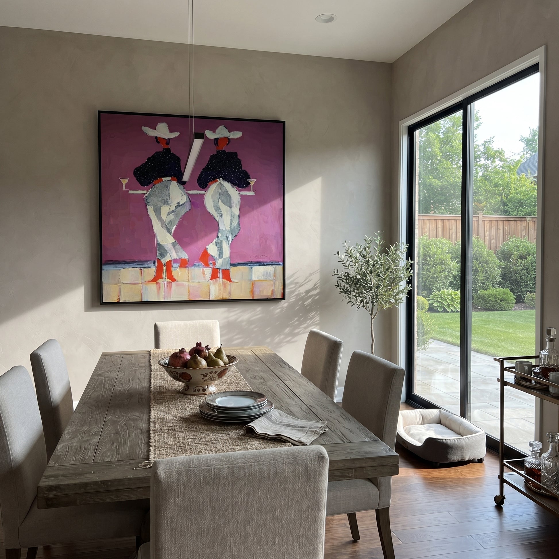 Cowgirls Toast Without Turning - back view cowgirl painting by Ethan Mercer, contemporary Western square wall art – styled room scene view 3