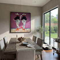 Cowgirls Toast Without Turning - back view cowgirl painting by Ethan Mercer, contemporary Western square wall art – styled room scene view 3