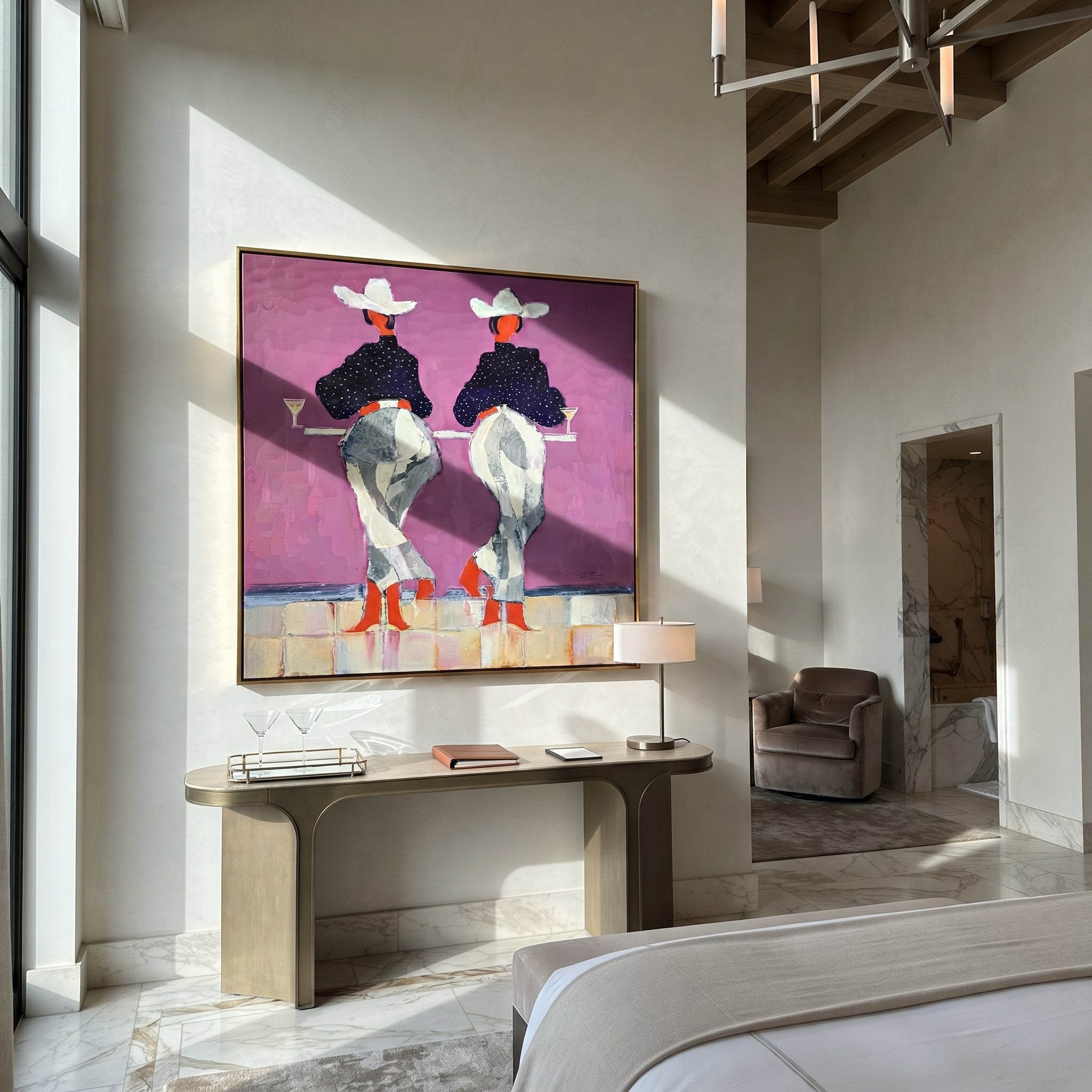 Cowgirls Toast Without Turning - back view cowgirl painting by Ethan Mercer, contemporary Western square wall art – styled room scene view 4