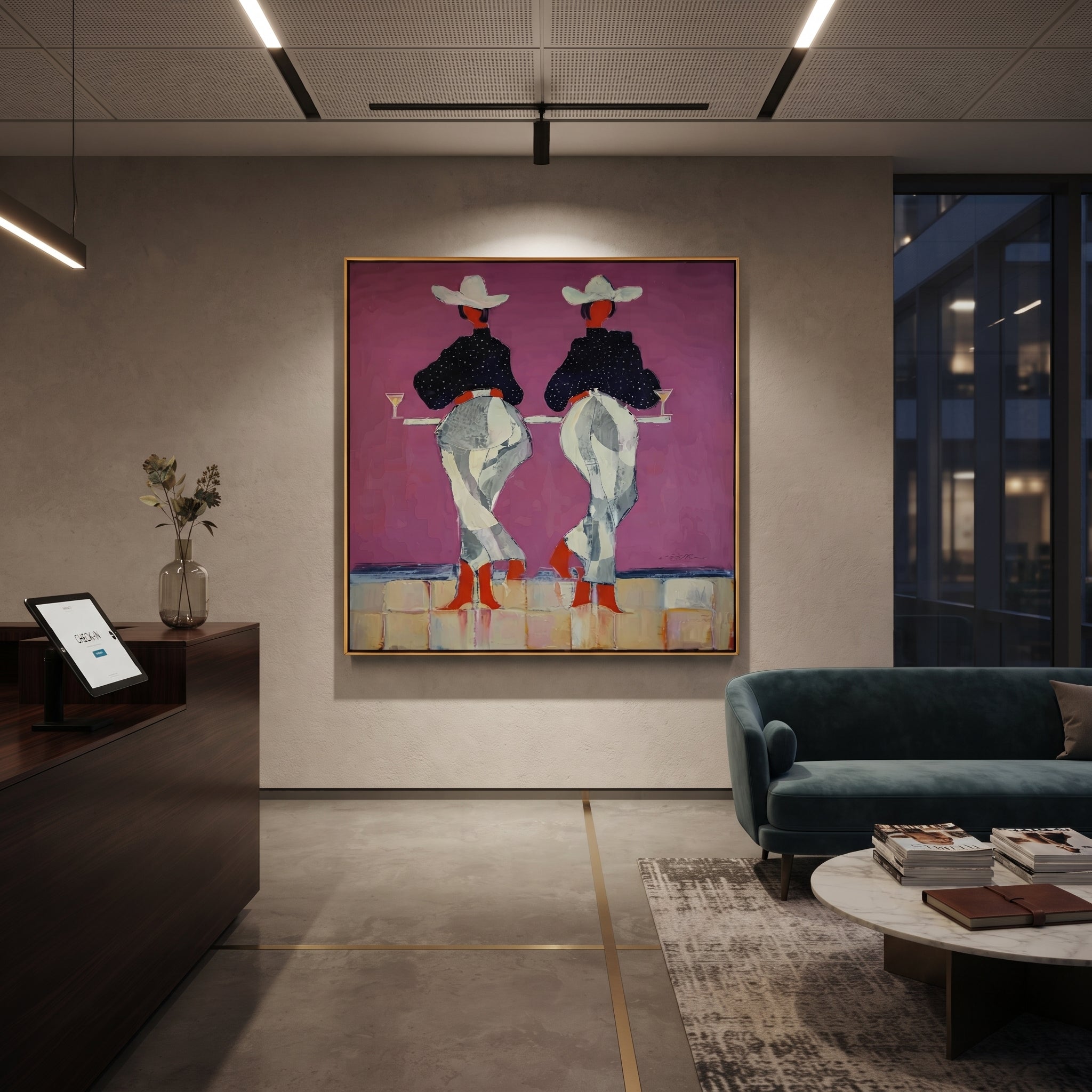 Cowgirls Toast Without Turning - back view cowgirl painting by Ethan Mercer, contemporary Western square wall art – styled room scene view 5