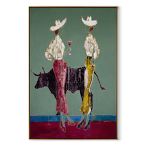 Bull Divides White Hats - bull cowgirl pair painting by Ethan Mercer, contemporary Western vertical wall art – wood frame on white background