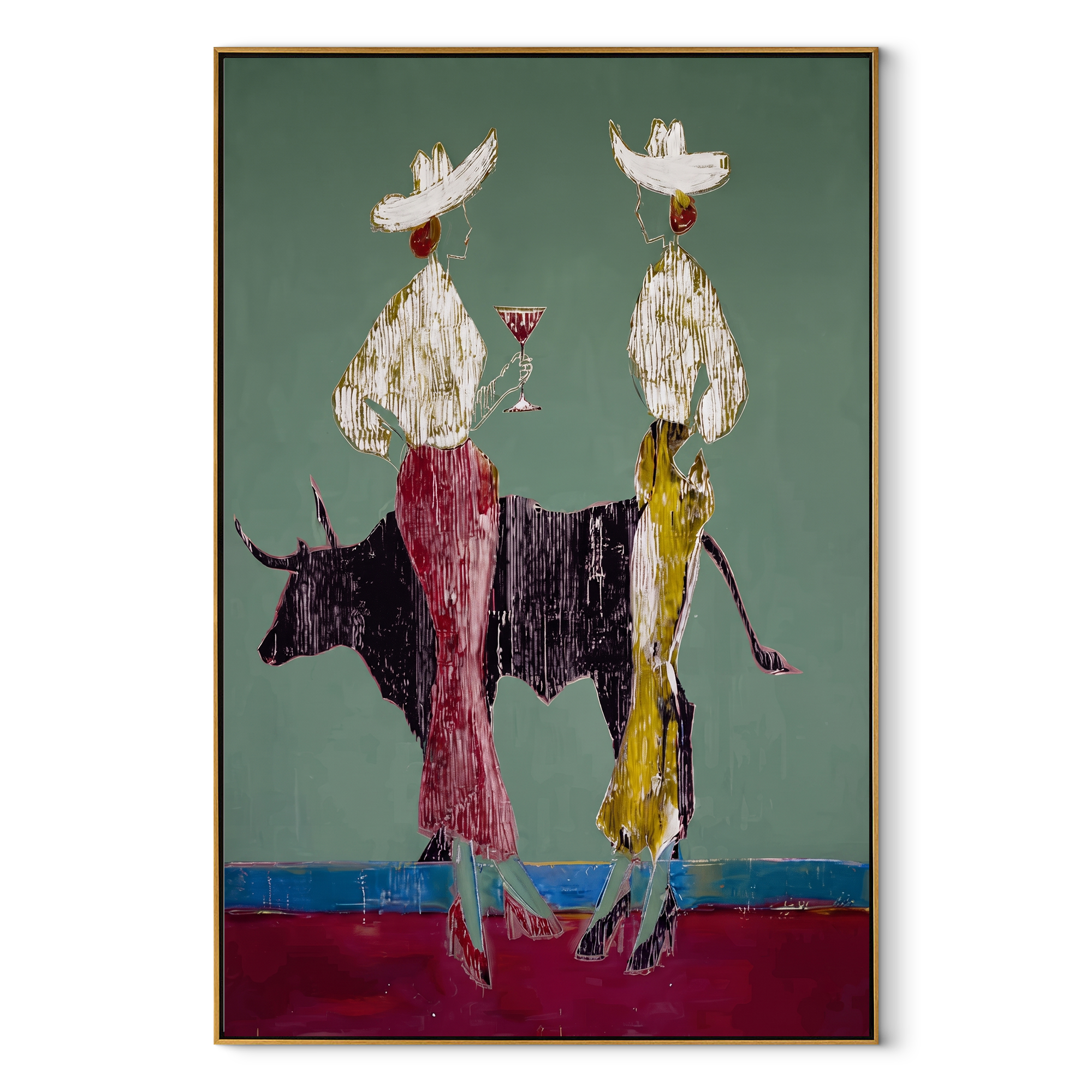 Bull Divides White Hats - bull cowgirl pair painting by Ethan Mercer, contemporary Western vertical wall art – wood frame on white background
