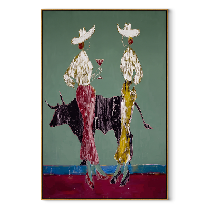 Bull Divides White Hats - Bull Cowgirl Pair Painting | Contemporary Western Vertical Wall Art