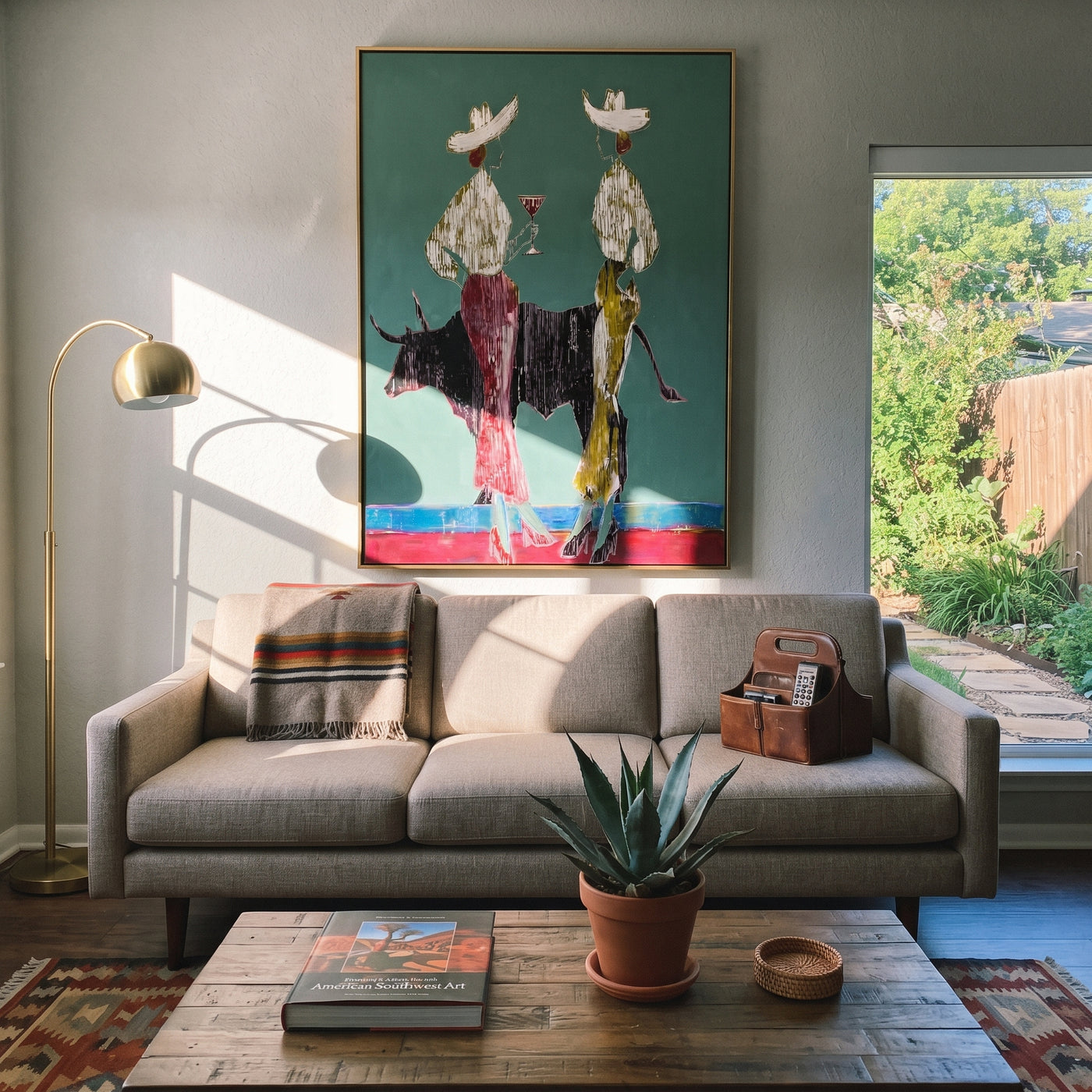 Bull Divides White Hats - bull cowgirl pair painting by Ethan Mercer, contemporary Western vertical wall art – styled room scene view 2