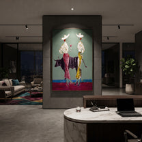 Bull Divides White Hats - bull cowgirl pair painting by Ethan Mercer, contemporary Western vertical wall art – styled room scene view 5
