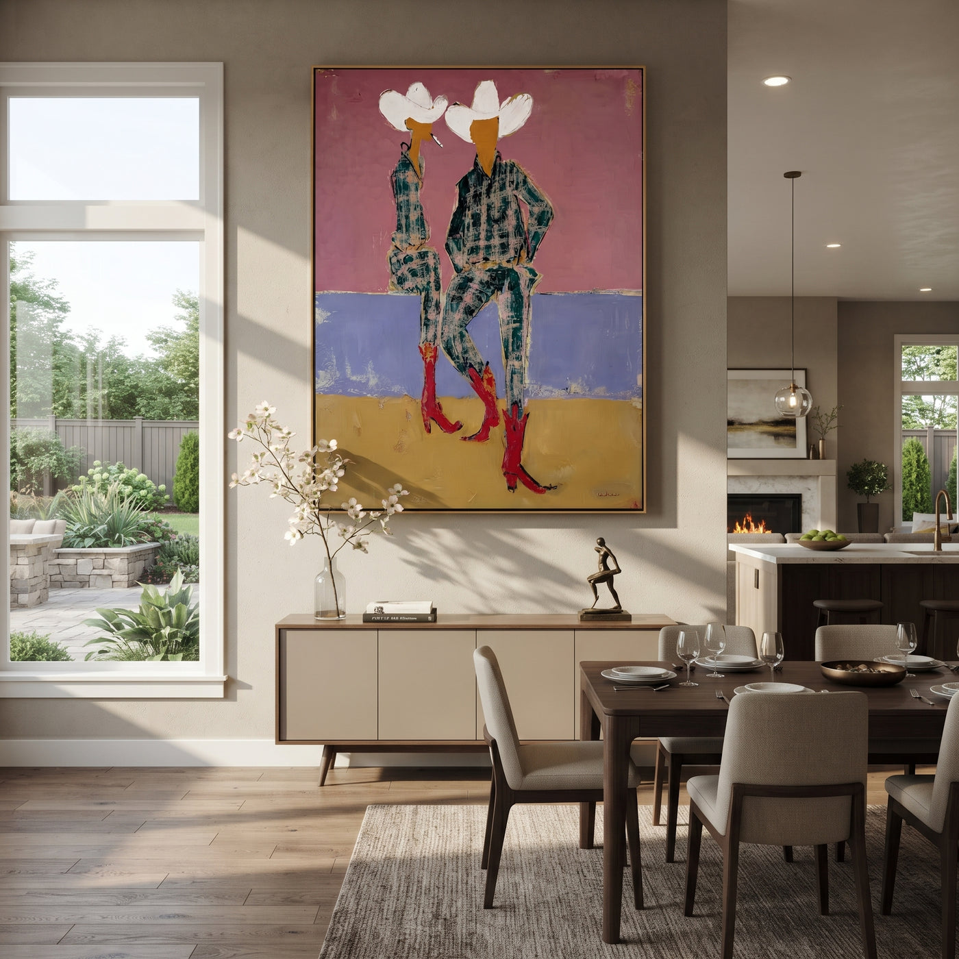 Red Boots Meet Lavender - plaid cowgirl pair painting by Ethan Mercer, contemporary Western vertical wall art – styled room scene view 1