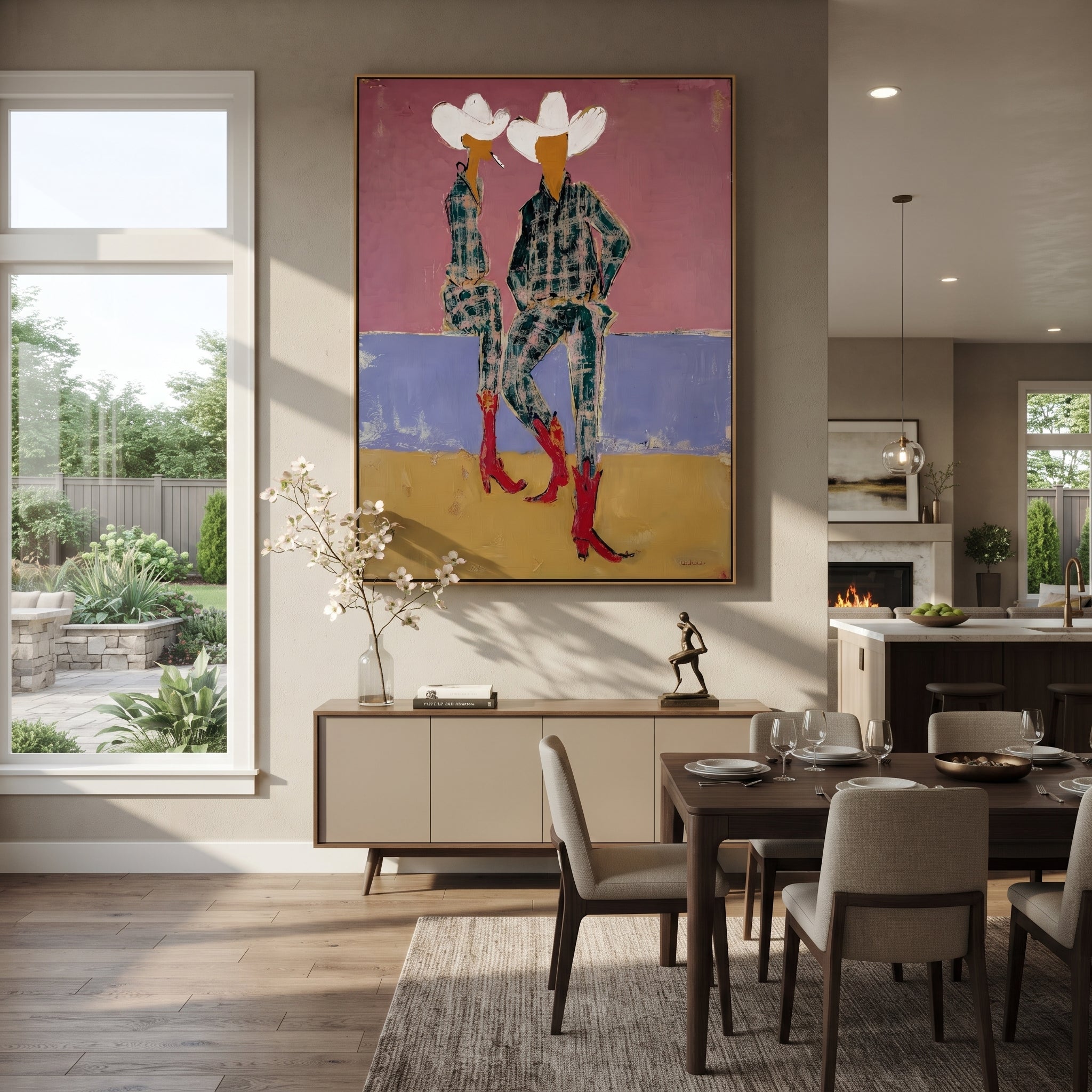 Red Boots Meet Lavender - plaid cowgirl pair painting by Ethan Mercer, contemporary Western vertical wall art – styled room scene view 1