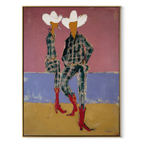 Red Boots Meet Lavender - plaid cowgirl pair painting by Ethan Mercer, contemporary Western vertical wall art – wood frame on white background