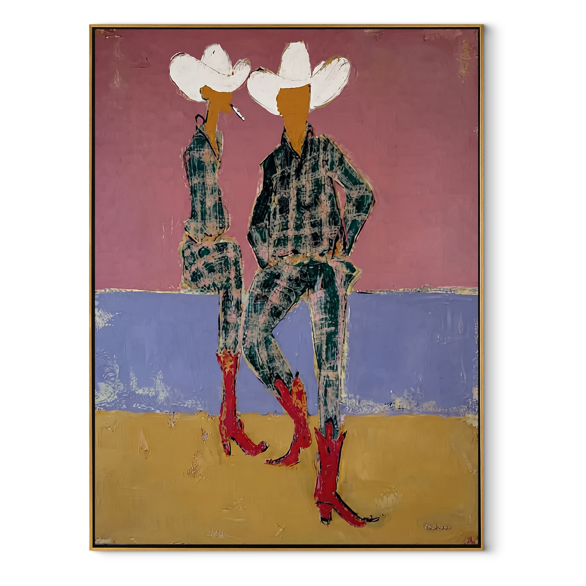 Red Boots Meet Lavender - plaid cowgirl pair painting by Ethan Mercer, contemporary Western vertical wall art – wood frame on white background