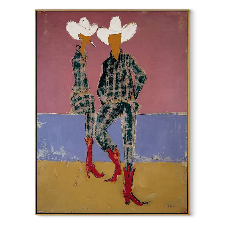 Red Boots Meet Lavender - Plaid Cowgirl Pair Painting | Contemporary Western Vertical Wall Art