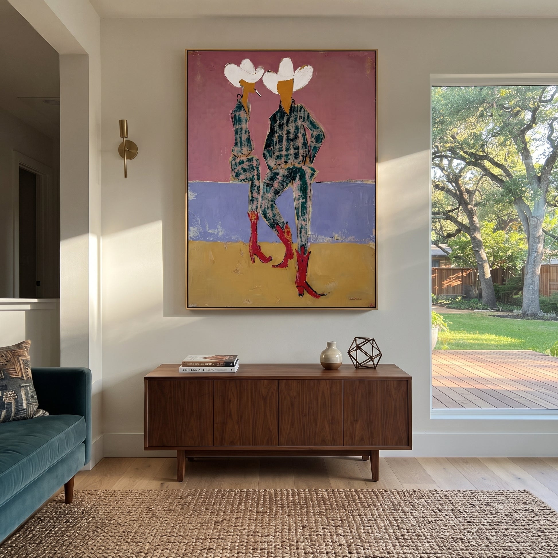 Red Boots Meet Lavender - plaid cowgirl pair painting by Ethan Mercer, contemporary Western vertical wall art – styled room scene view 2