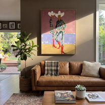 Red Boots Meet Lavender - plaid cowgirl pair painting by Ethan Mercer, contemporary Western vertical wall art – styled room scene view 4