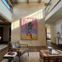 Red Boots Meet Lavender - plaid cowgirl pair painting by Ethan Mercer, contemporary Western vertical wall art – styled room scene view 5