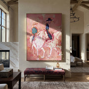 Rose Lines Carry Riders - line art horse riders painting by Ethan Mercer, contemporary Western vertical wall art – styled room scene view 1