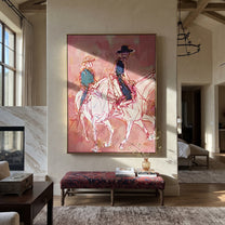 Rose Lines Carry Riders - line art horse riders painting by Ethan Mercer, contemporary Western vertical wall art – styled room scene view 1