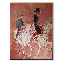 Rose Lines Carry Riders - line art horse riders painting by Ethan Mercer, contemporary Western vertical wall art – wood frame on white background