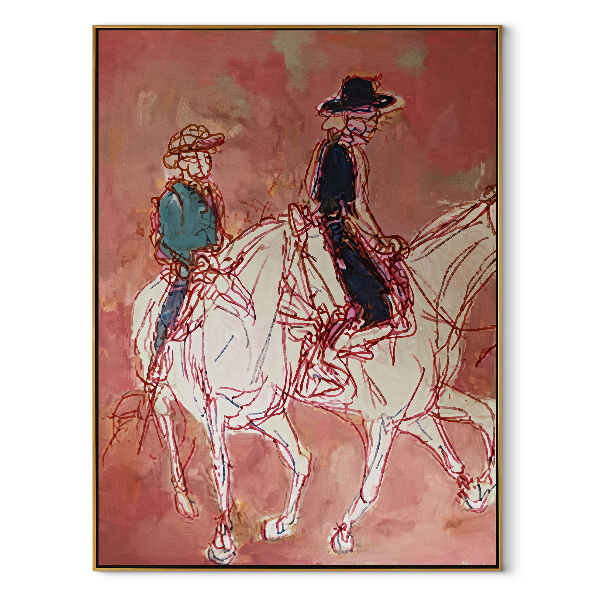 Rose Lines Carry Riders - line art horse riders painting by Ethan Mercer, contemporary Western vertical wall art – wood frame on white background