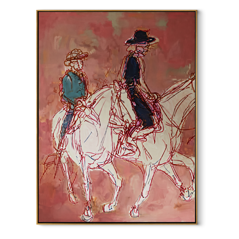 Rose Lines Carry Riders - Line Art Horse Riders Painting | Contemporary Western Vertical Wall Art