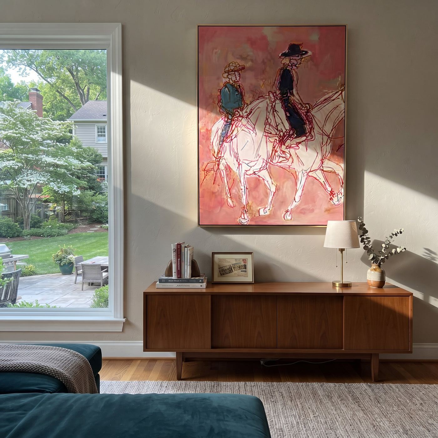 Rose Lines Carry Riders - line art horse riders painting by Ethan Mercer, contemporary Western vertical wall art – styled room scene view 2