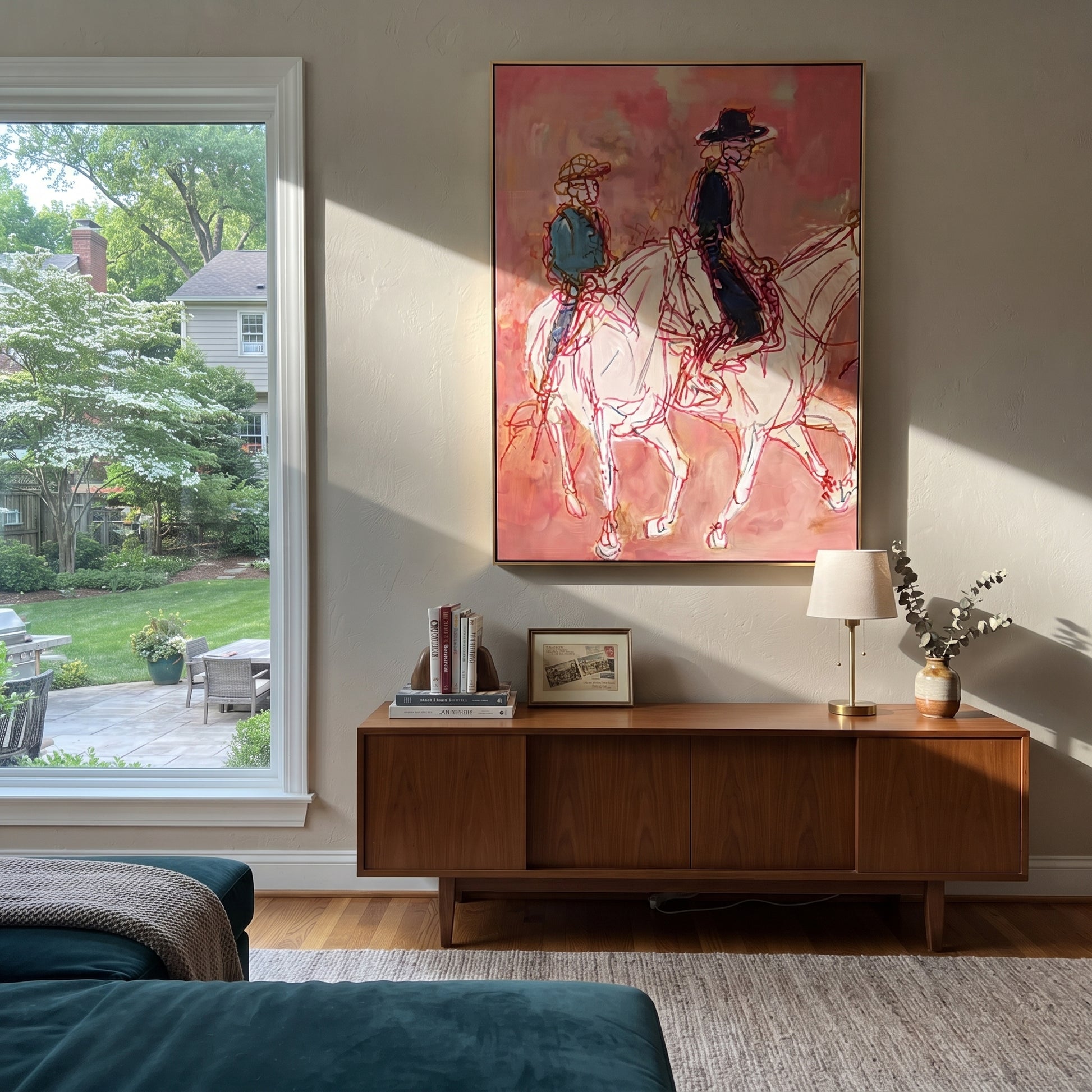 Rose Lines Carry Riders - line art horse riders painting by Ethan Mercer, contemporary Western vertical wall art – styled room scene view 2
