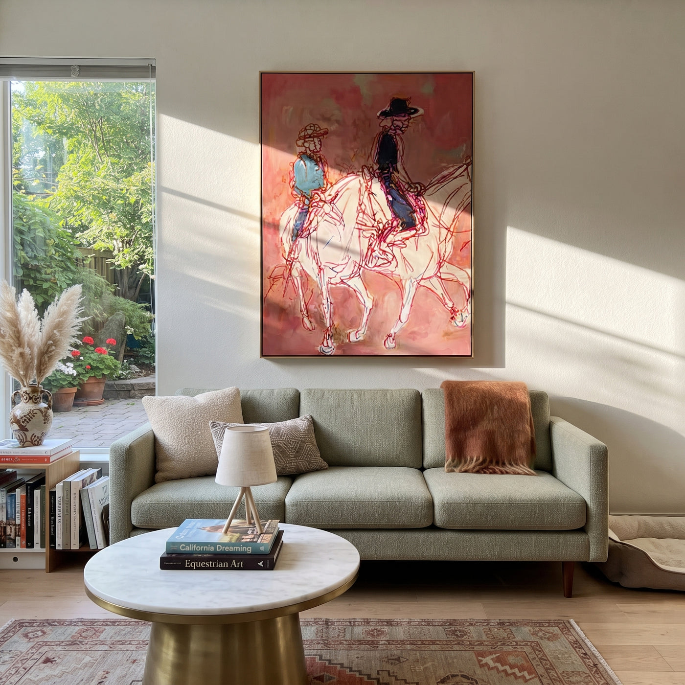 Rose Lines Carry Riders - line art horse riders painting by Ethan Mercer, contemporary Western vertical wall art – styled room scene view 3