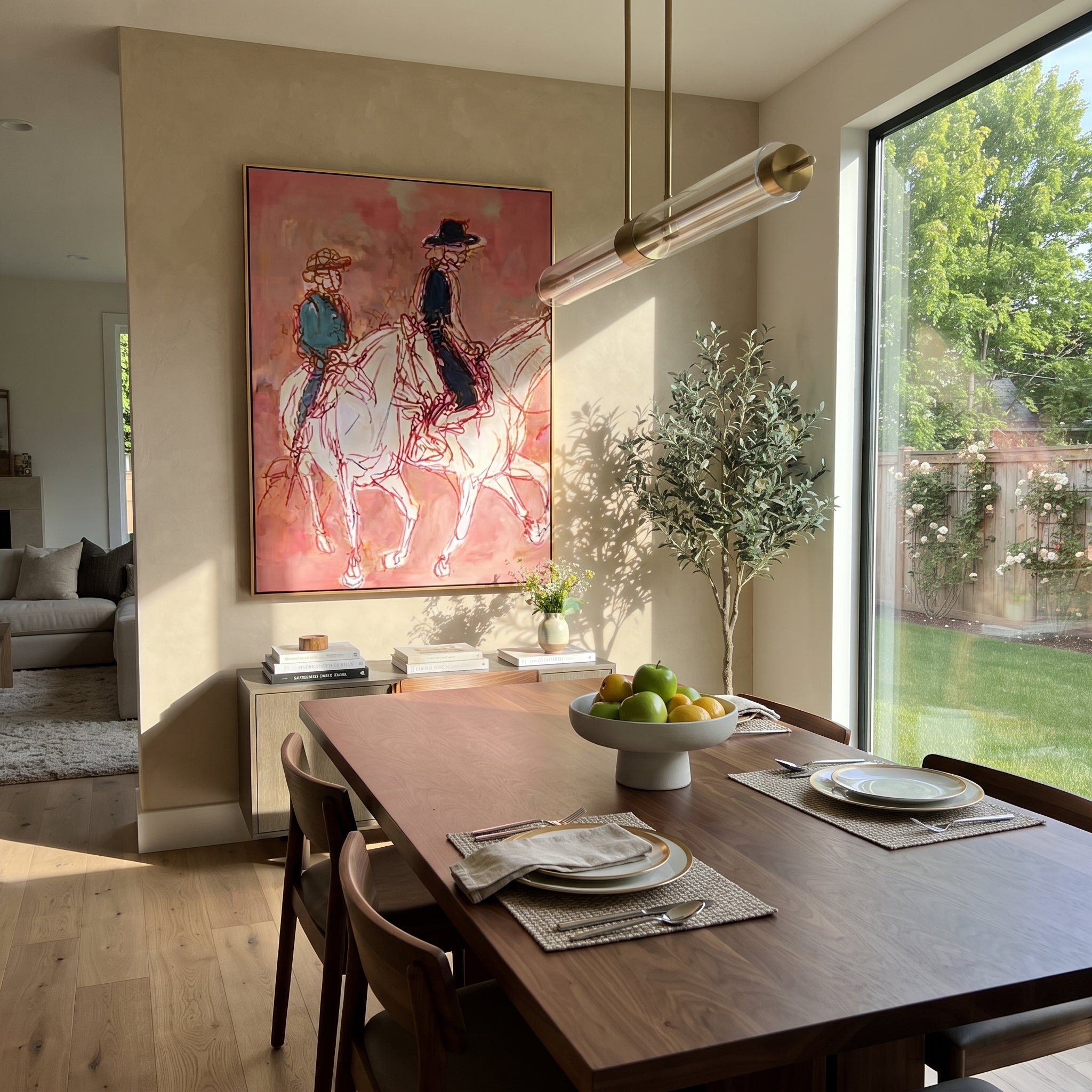 Rose Lines Carry Riders - line art horse riders painting by Ethan Mercer, contemporary Western vertical wall art – styled room scene view 4