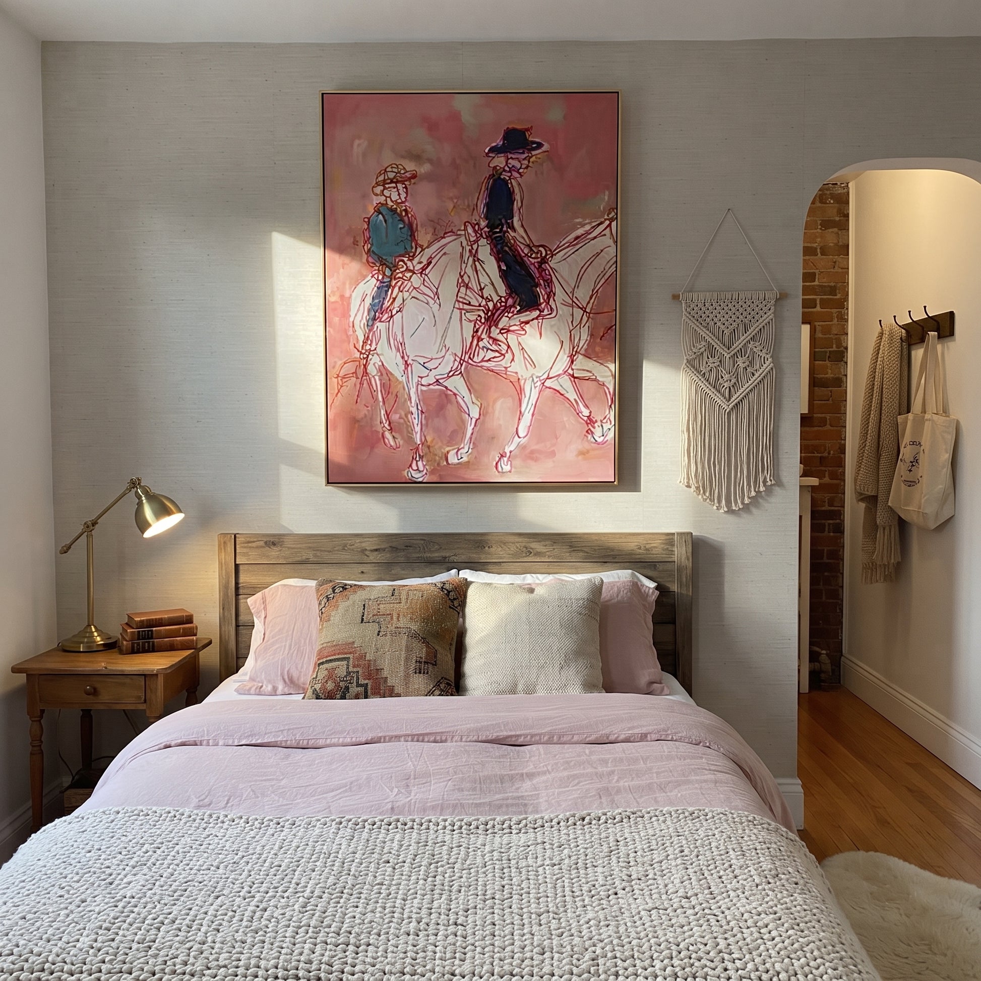 Rose Lines Carry Riders - line art horse riders painting by Ethan Mercer, contemporary Western vertical wall art – styled room scene view 5