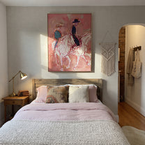 Rose Lines Carry Riders - line art horse riders painting by Ethan Mercer, contemporary Western vertical wall art – styled room scene view 5