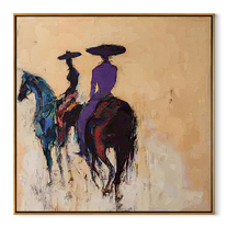 Blue Horses Leave Quietly - rear view horse riders painting by Ethan Mercer, contemporary Western square wall art – wood frame on white background