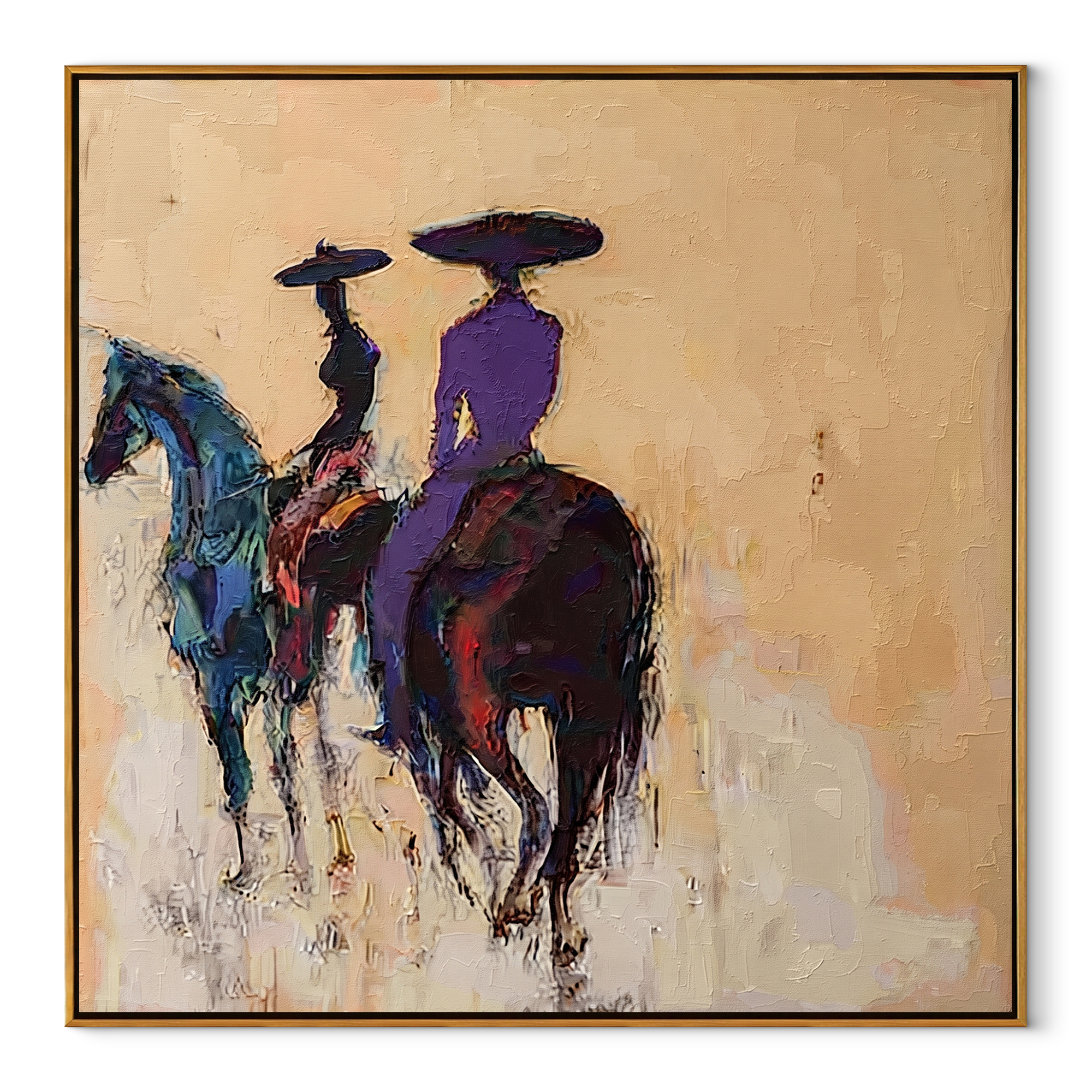 Blue Horses Leave Quietly - rear view horse riders painting by Ethan Mercer, contemporary Western square wall art – wood frame on white background