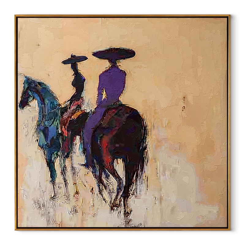Blue Horses Leave Quietly - Rear View Horse Riders Painting | Contemporary Western Square Wall Art